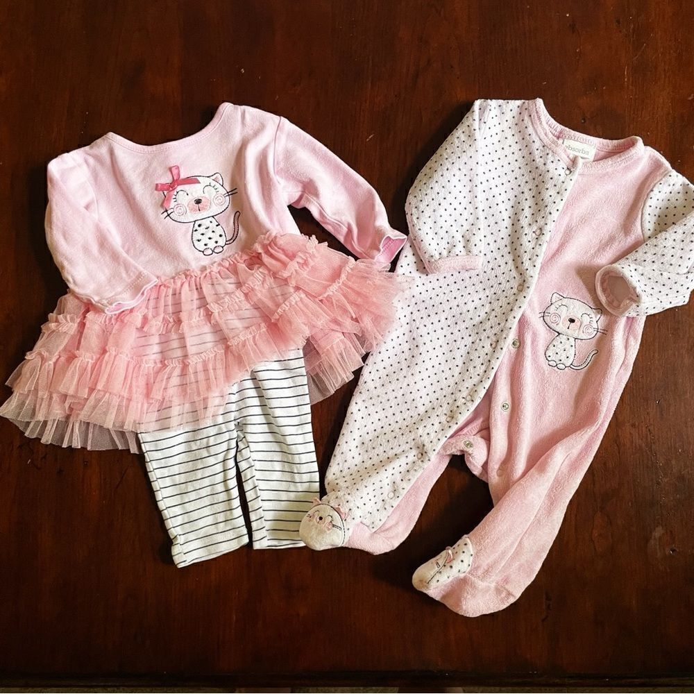 Absorba Baby Girl 3 Piece Outfit Pink Kitty Cat Dress Size 3 Months